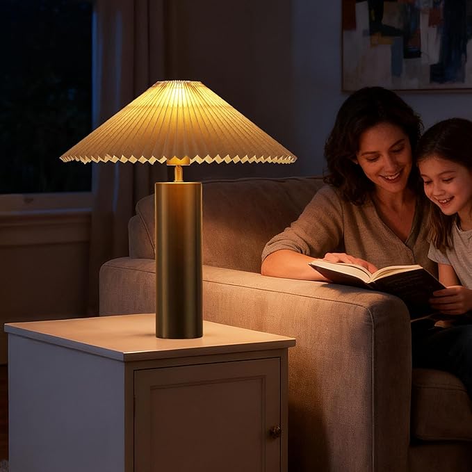Modern Table Lamp with Metal Blade Lampshade and Cylindrical Base, E26 Bulb Compatible, Contemporary Accent Light for Living Room, Bedroom, Office (Gold)