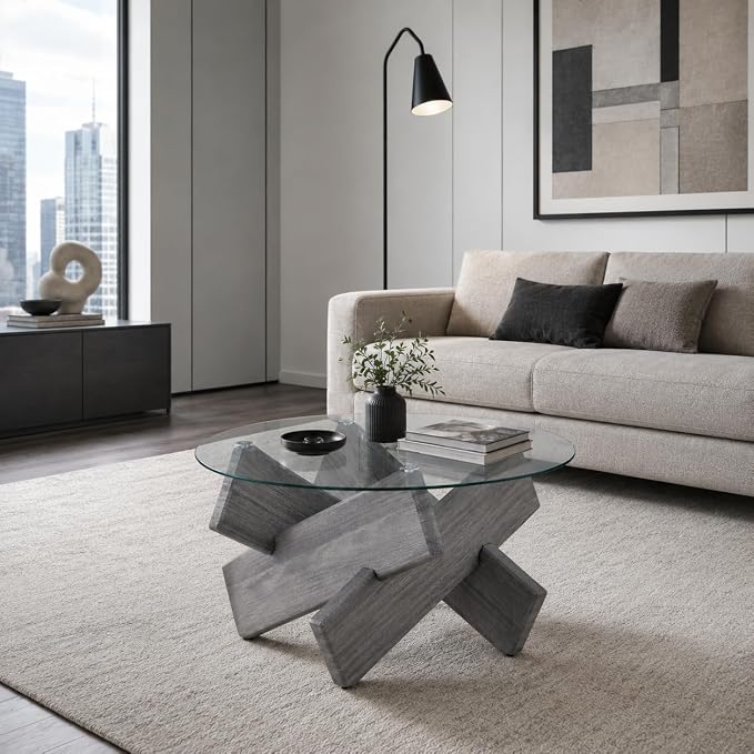 Round Glass Top Coffee Tables, 33.4 Inch Gray Coffee Table with Crossed Legs, Modern Mid Century Round Coffee Tables for Living Room, Circle Glass Coffee Tables for Living Room