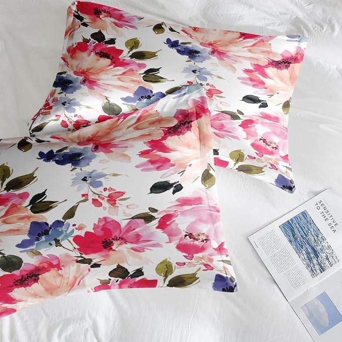Pamnest Comforter Set Queen Size, Flower Floral Leaf 7 Pcs Bedding for Kids and Adults, Painting Summer Spring Bed Sheet Sets with Fitted Sheet 2 Pillowcases & 2 Shams for Bedroom Bed Decor