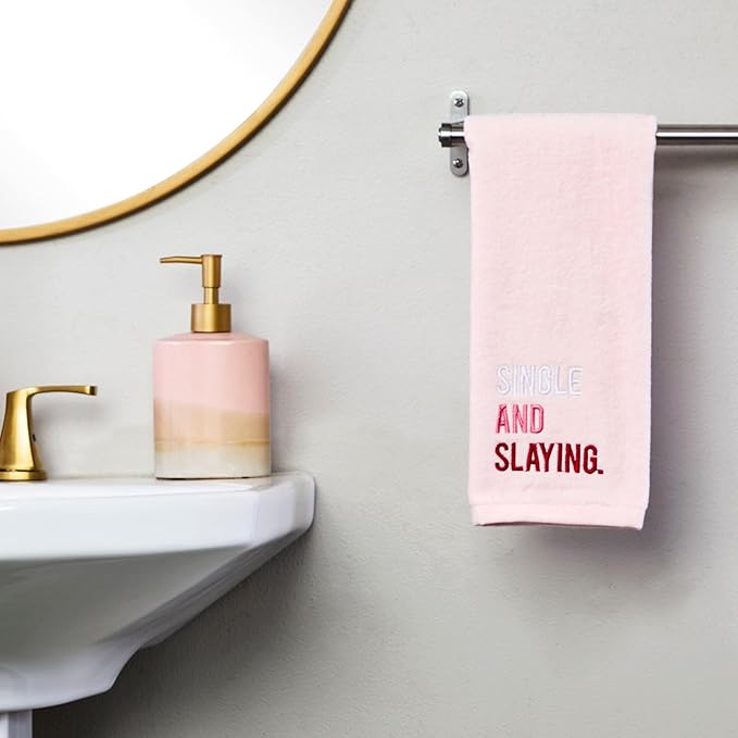 SKL Home Valentine's Day Single and Slaying 100% Cotton Embroidered 2pc Hand Towel Set, Decorative for Bath/Kitchen/Bar & Gift, Light Blush