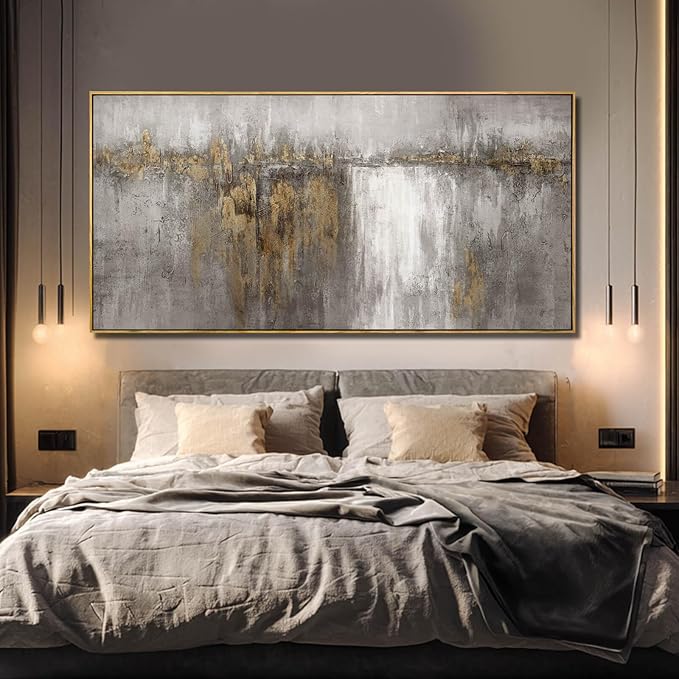 Neutral Canvas Arts Gold Wall Art Decor Framed Abstract Pictures Grey Prints Artwork for Living Room Bedroom Dining Room Home Office Decor 29”x58”