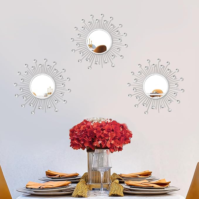 3 Pack Metal Mirrors for Wall Sunburst Wall Mirrors Home Décor Decorative Hanging Wall Art for Living Room Bedroom Entryway (Silver Crystal, Sunburst)