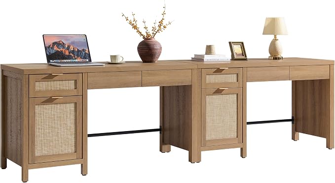 SICOTAS Office Computer Desk with 6 Drawers - Rattan Writing Desk with Storage Boho Wood Home Office Desks, Modern Executive Desk Study Table Vanity Desks for Bedroom, Living Room, Oak, 2PCS
