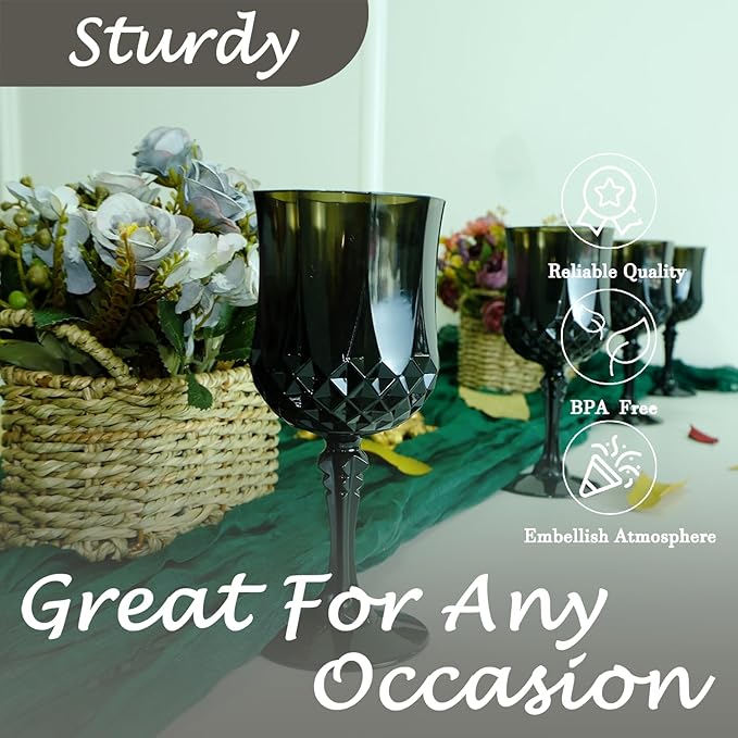 Plastic Wine Glasses, Plastic Goblets Vintage Style Cordial Drinking Glasses for Valentineās Day, Wedding Reception, Grand Event Party Supplies (48, Black)