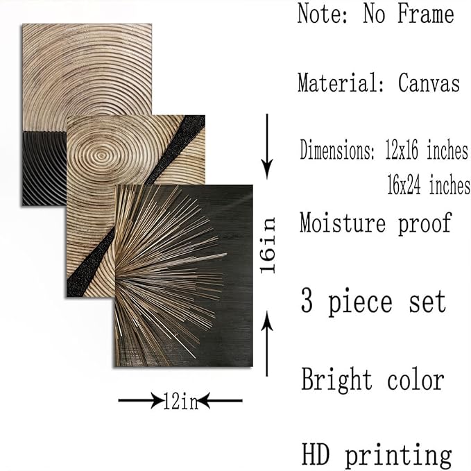 3Pcs Retro Wood grain Abstract Canvas Wall Art Minimalist Black Golden Line Texture Wall Decor Pictures Neutral Geometric Beige Brown Poster Prints for Living Room Bedroom Home Decoration 12x16in