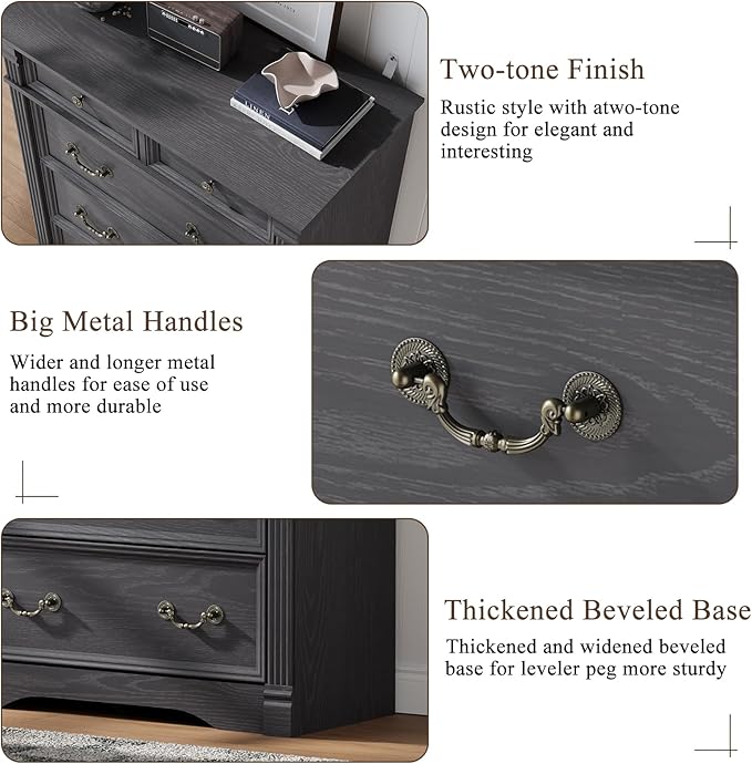 Grey 6 Drawer Dresser for Bedroom, 47" Tall Dresser, Wood Rustic Chest of Drawers with Chic Wood Pilasters, Dressers Organizer for Bedroom, Hallway, Living Room