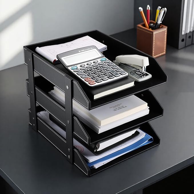 KINGFOM Letter Tray, Leather Paper Organizer Tray, Wooden Desk File Holder, Desktop File, Stackable Magazine Holder, Mail Sorter, Great for Home or Office - 3 Level Black