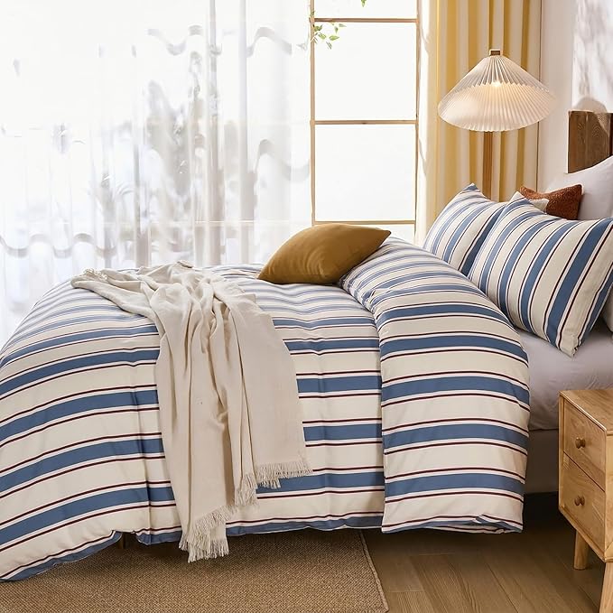 Merryword 100% Cotton Duvet Cover Set Queen Size - Blue & White Cabana Striped Bedding Set with Zipper & Corner Ties, 3-Piece Luxury & Silky Soft Bedding Set for All Seasons