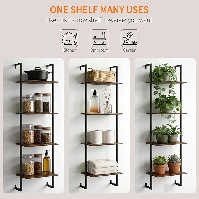 4 Tier Industrial Ladder Bookshelf 15.74" Dx9.44 Wx49.99 H, Wall Mounted Bookcase with Metal Frame for Home Office, Living Room, Study,Brown