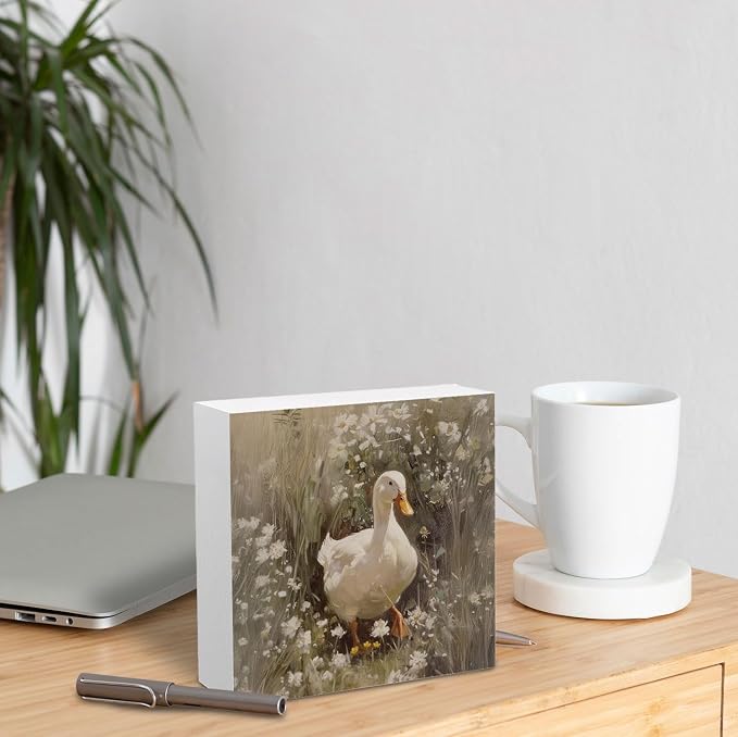 Rustic Wildflower Duck Wooden Box Sign Desk Decor, Ducks Lover Gifts, Vintage Countryside Farmhouse Duck Wood Signs for Home Office Desk Table Shelf Decorations, 5x5 Inch