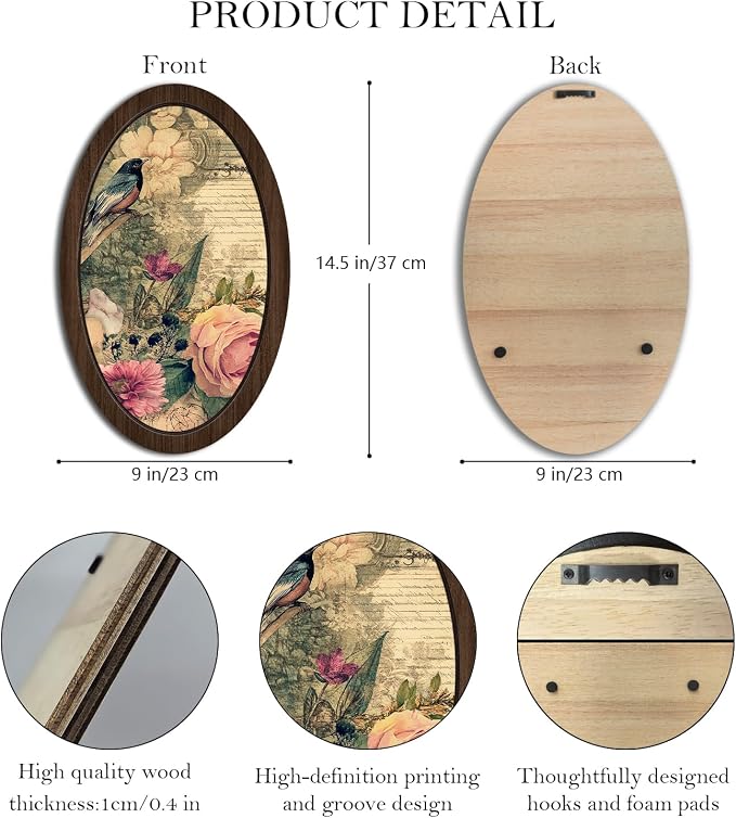 UYIKG Vintage Oval Framed Wall Art Decor,Vintage Rustic Farmhouse Bird Floral Cottage Core Wall Decor for Theme Room Home Bedroom Living Room Home Office 9x14.6 in