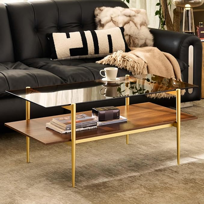 AGV LIGHTING Tadio Glass Coffee Table, Mid-Century Modern Coffee Table for Living Room, Gold Finish Leg,2-Tier Structure, Coffee Brown Glass Top & Walnut Shelf, 41 in Length