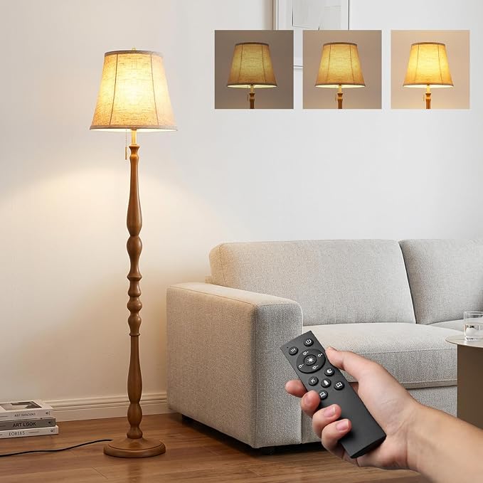 LALISU Wood Floor Lamp for Living Room,Farmhouse Standing Lamp with Remote & Dimmable 9W Bulb, Mid Century Standing Tall Lamps for Bedroom Corner Floor Lamps for Nursery, Office, Reading (Walnut)