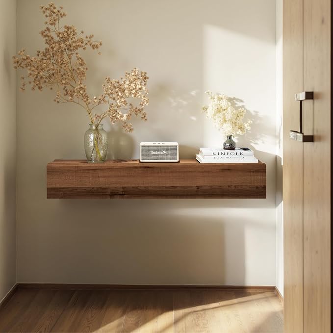 Floating Solid Wood Console Table, 47'' Wall Mounted Narrow Entryway Table with Storage Shelf, Modern Couch Shelves Small Entry Way Tables for Entryway, Front Hall, Hallway (Walnut, 47.24IN)