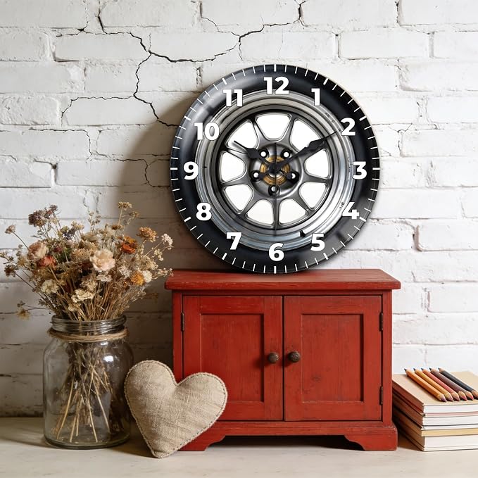 peacoblue Wall Clocks Battery Operated 12 Inch Car Tires Glass Round Wall Clock Non Ticking for Kitchen Living Room Dining Room Bedroom and Bathroom Decor Accessories (Battery not Included)