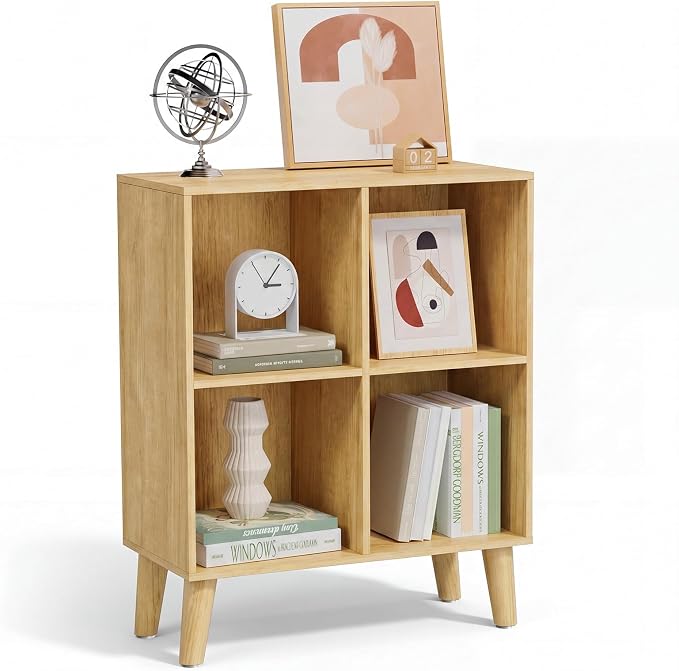 4 Cube Storage Organizer with Legs, 2 Tier Cube Low Bookcase Freestanding Storage Display Organizer for Home Office, Four-Cubes Open Shelf Short Bookshelf (Natural Oak, 4 Cube)