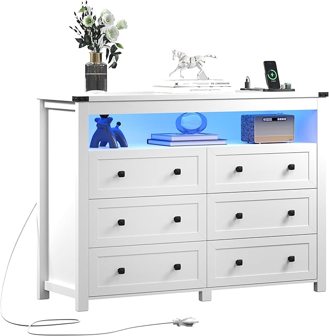 White Dresser 6 Drawer Dressers for Bedroom with LED Lights, Charging Station, Wood Chest of Drawers with Metal Handles, Modern TV Stand Storage Cabinet for Living Room, Hallway, Entryway