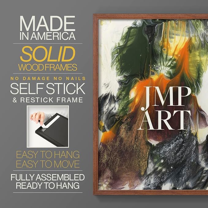 Renditions Gallery Set of 2 Peel & Stick Framed Prints, Watercolor Abstract Wall Art, Colorful Fluid Design Wall Decor, Re-Stickable - Ready to Hang - 11"x14" - Walnut Frame LT588