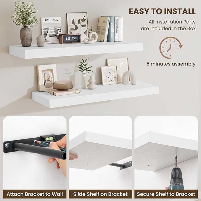 Fun Memories 12" Deep Floating Shelves for Wall, 36" W x 12" D Floating Shelves, Long Wood Floating Wall Shelf for Living Room Bathroom Bedroom Kitchen, White, Set of 2