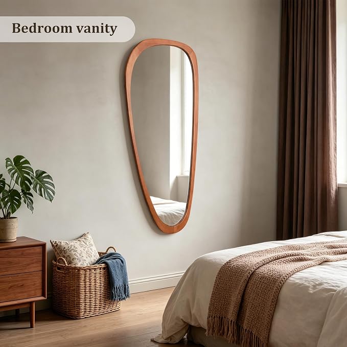 HOMECOOKIN 48" H x 22" W Asymmetrical Mirror, Irregular Wooden Wall Mirror for Bedroom, Living Room,Entryway– Boho Mid-Century Modern Decorative Mirror, Solid Wood Frame, Pebble Shaped Design (Walnut)