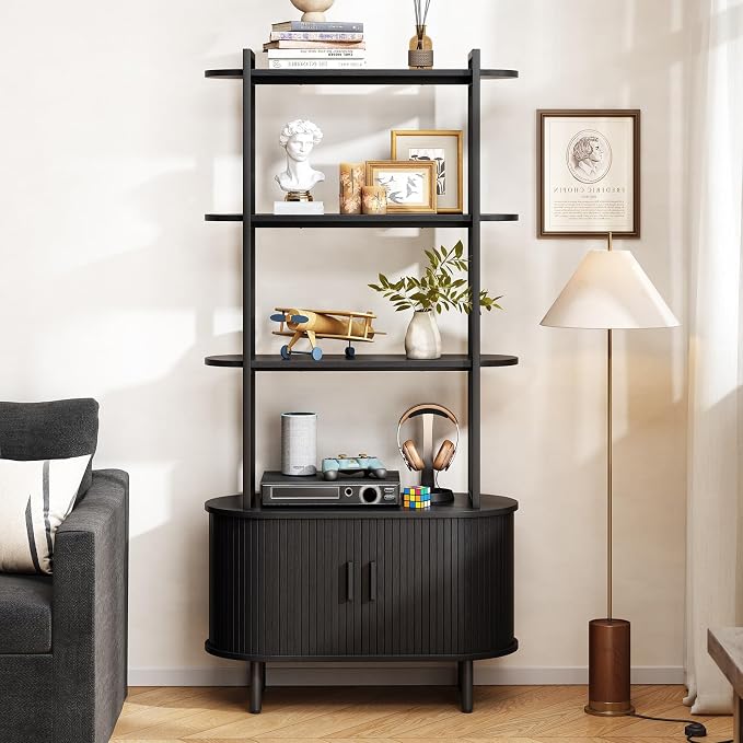 ONBRILL 71" Tall Bookshelf, 4-Tier Book Shelf with Storage Cabinet, Modern Bookcase with Sliding Door and Adjustable Footpad, Freestanding Storage Organizer Bookshelf for Living Room, Bedroom, Black