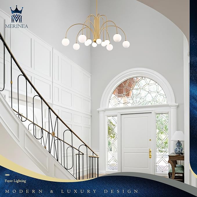 Large Gold Sputnik Chandelier Mid Century 12 Lights Modern L52” Milk Glass Globe Ceiling Pendant Light Fixture for High Ceiling Foyer Staircase Living Dining Room