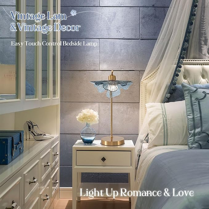 Gold Touch Table Lamps with Blue Glass Shade Flower Desk Lamp Mid Century Modern Bedside nightstand lamp Side Small Table Lamps for Bedroom Bookcase Living Room Office