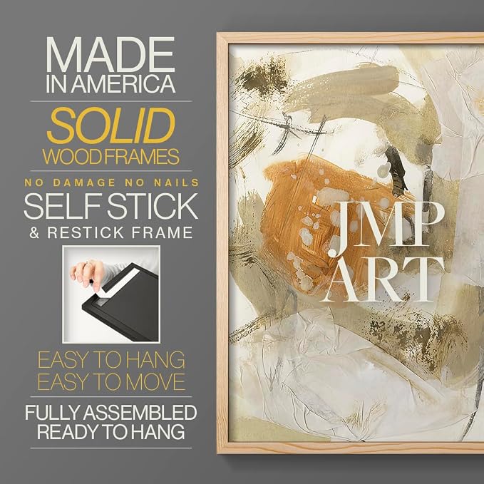 Renditions Gallery Set of 2 Peel & Stick Framed Prints, Neutral Abstract Wall Art, Earthy Tones Blended Brushstrokes Wall Decor, Re-Stickable - Ready to Hang - 8"x10" - NATURAL WOOD Frame LT588