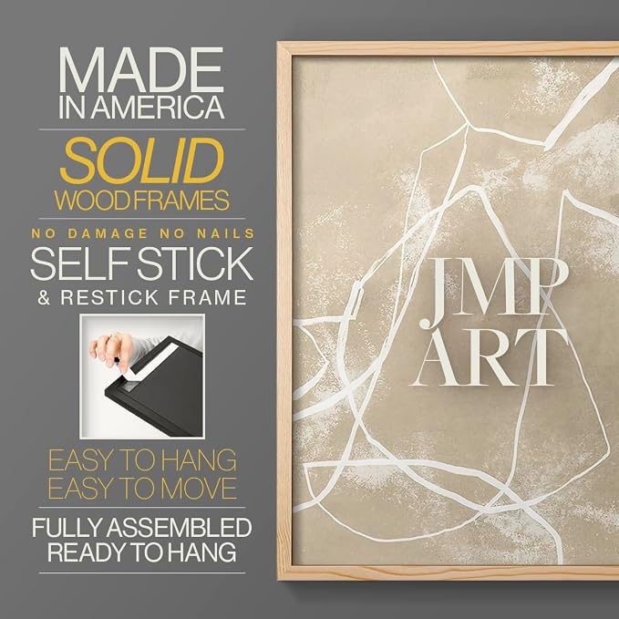 Renditions Gallery Set of 2 Peel & Stick Framed Prints, Neutral Abstract Wall Art, Beige Line Art Pattern Wall Decor, Re-Stickable - Ready to Hang - 8"x10" - NATURAL WOOD Frame LT588