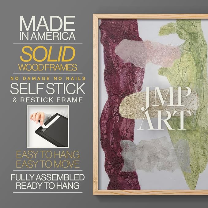 Renditions Gallery Set of 2 Peel & Stick Framed Prints, Abstract Wall Art, Mix Color Dyed Textures Wall Decor, Re-Stickable - Ready to Hang - 16"x20" - NATURAL WOOD Frame LT588
