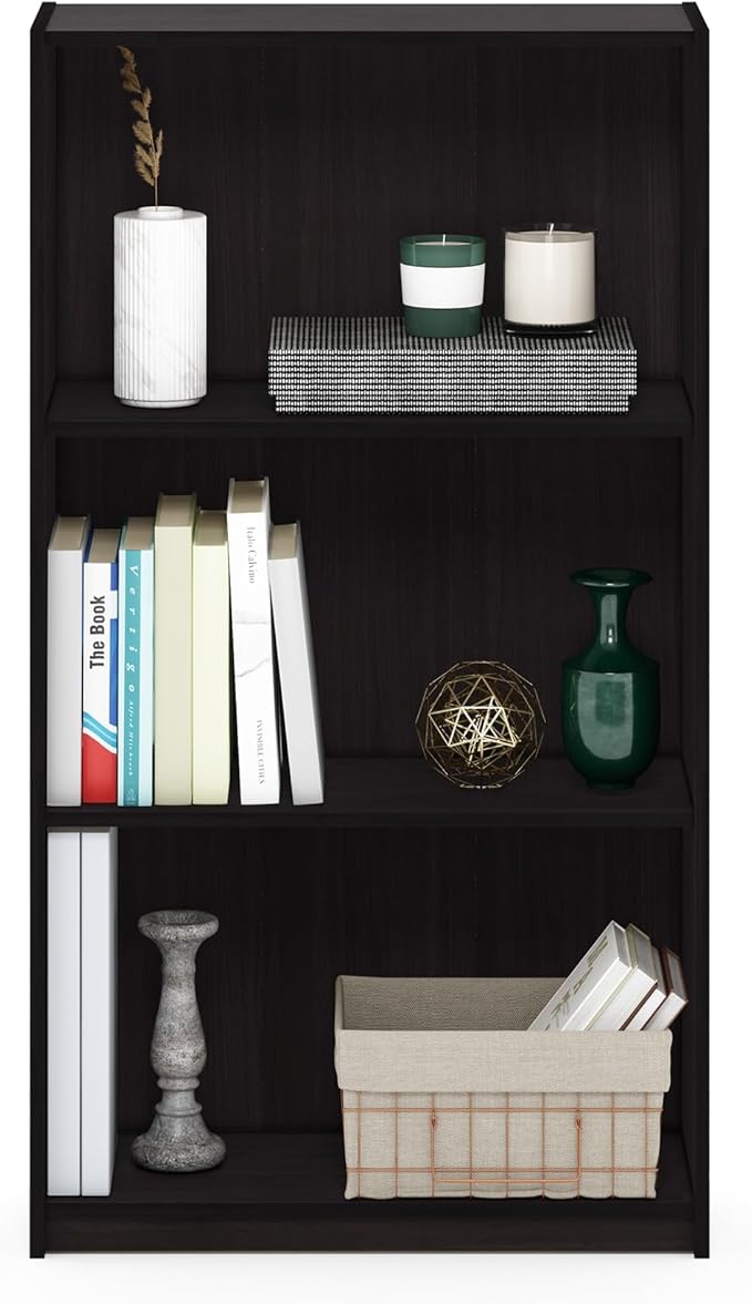 Furinno BASIC Book Shelf, 3-Tier Modern Bookshelf, Bookcase with Open Shelves, 9.3" x 21.8" x 39.5", for Living Room, Bedroom, Home Office, Dark Walnut