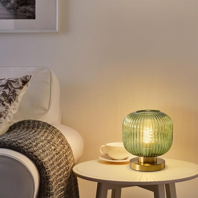 Mid Century Green Table Lamp: Vintage Ribbed Globe Pumpkin Glass Dimmable Plug in Small Bedside Lamps - Cute Brass Gold Modern Side Table Lamp Nightstand Light for Bedroom Entryway Desk Living Room