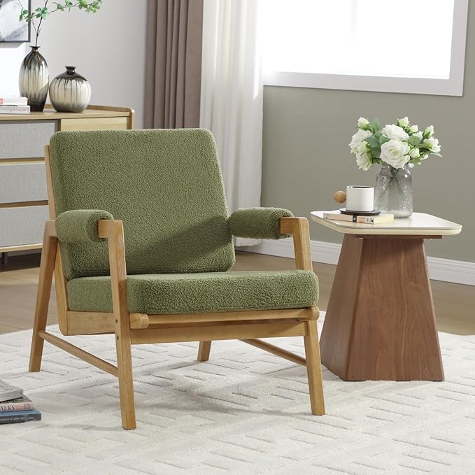 CIMOTA Mid Century Modern Accent Chair Set of 2, Boucle Upholstered Living Room Chairs with Arms, Comfy Reading Chair with Solid Wood Frame, High Back for Bedroom, Waiting Room, Office, Green