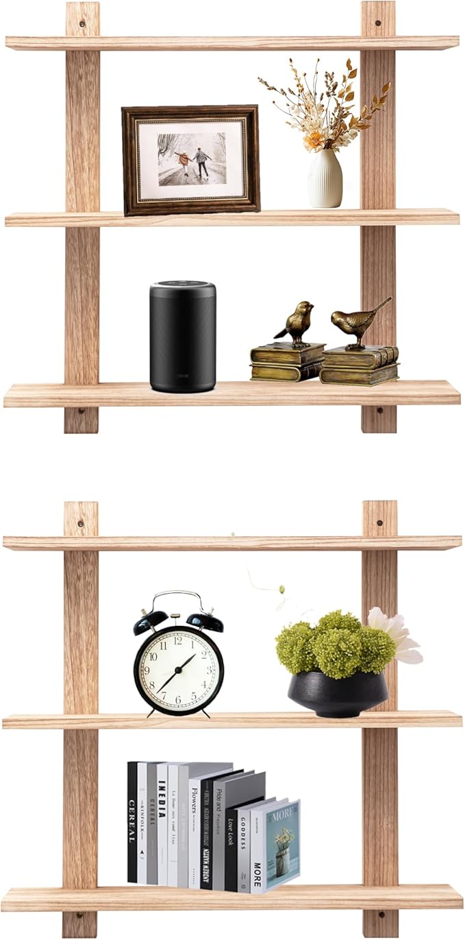 3 Tier Floating Shelves,Long Wall Shelf,Over The Toilet Shelves Bathroom Hanging Display Storage Rustic for Living Room Bedroom Kitchen Office Coffee Bar Decor ,24 Inch,2 Pack,(Carbonized Black)