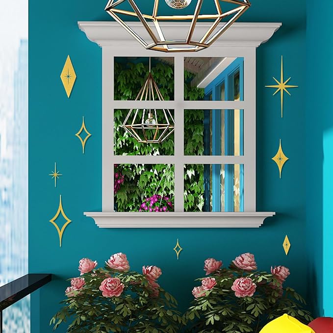 Bnesi 8 Piece Metal Mid Century Modern Wall Art Decor Vintage Style Gold Starburst Metal Wall Art Decor Mid Century Modern Star Bursts Decor for Living Room Bedroom Home Bathroom (Gold)