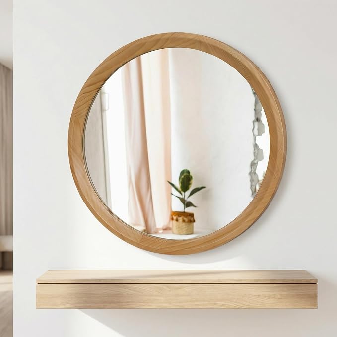 23.62'' Natural Wood Round Wall Mirror with Solid Wood Frame & Pre-Installed Hanging, Decorative Mirror with Large Reflective Surface for Bathroom Bedroom Living Room, Natural