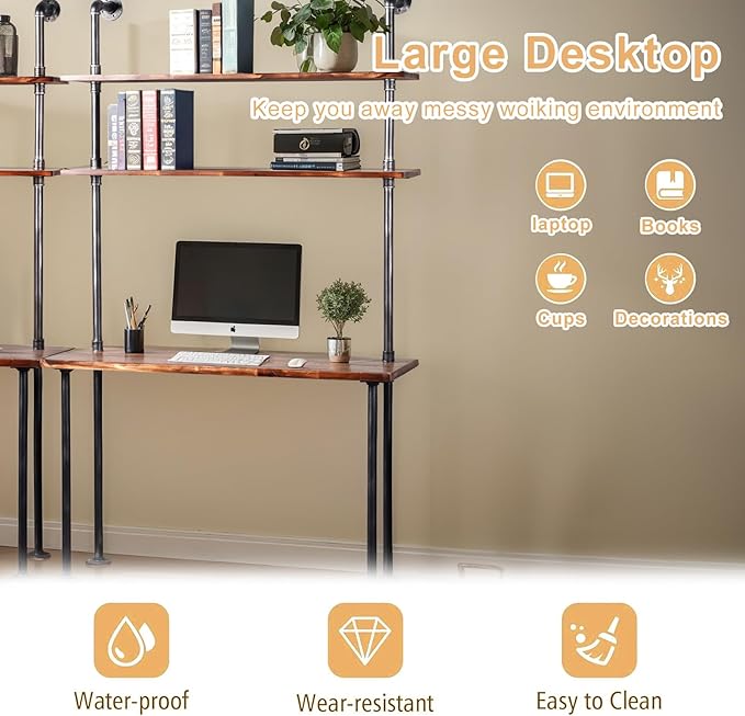 LOKKHAN 79-inch Industrial Laptop Desk Solid Wood Computer Desk Wall Pipe Desk with Shelves Computer Table for Home Office (L:47.3-inch)