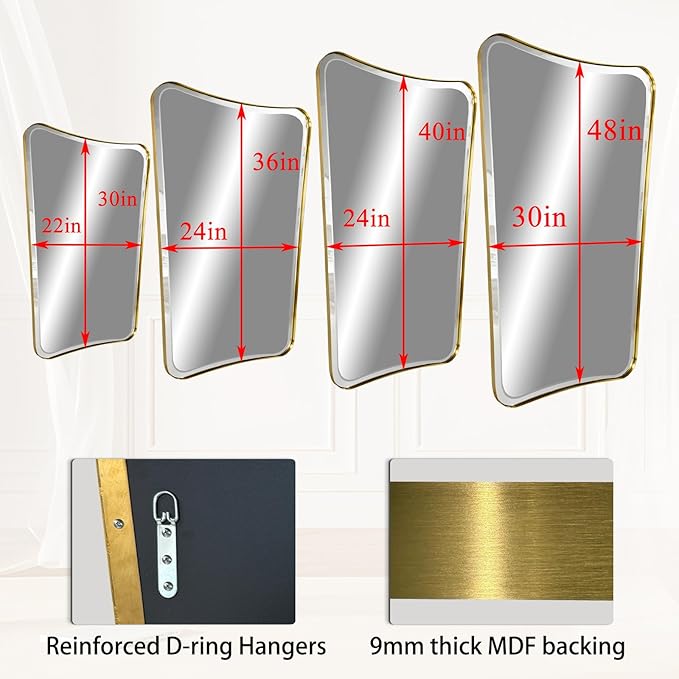 POZINO Brushed Gold Vanity Mirror, 24"x36" Modern Beveled Bathroom Mirror, Irregular Shaped Mirrors in Stainless Steel Frame, Brass Rectangle Wall Mirrors for Bedroom Living Room Entryway