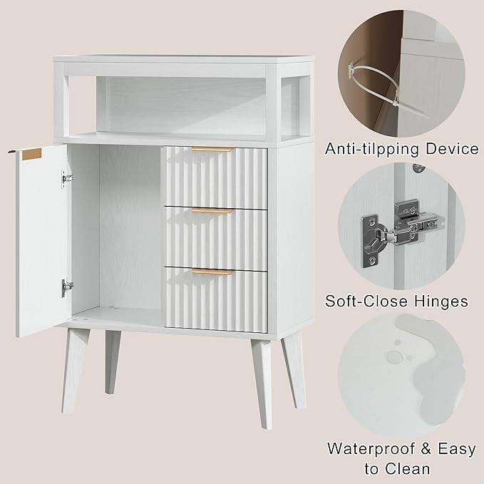 White Bathroom Floor Cabinet with 3 Fluted Drawers & Door, Modern Storage Sideboard with Open Shelf, Coffee Bar Station for Living Room, Entryway, 23.6 x 11.8 x 34.6 Inches