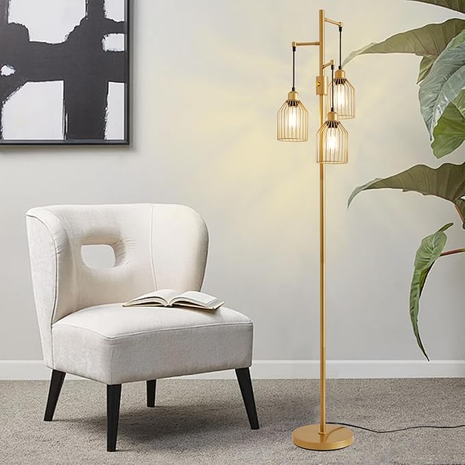 Dimmable Industrial Floor Lamp with 3 Cage Heads, 68.5" Gold Tree Standing Lamp with Stepless Dimming, Modern Farmhouse Tall Pole Light for Living Room, Bedroom, Office, E26 Base (Bulbs Included)