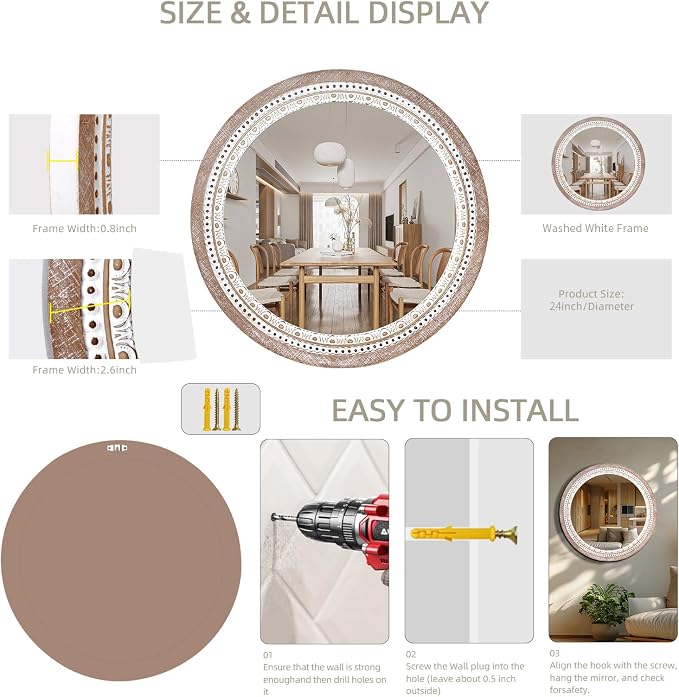 Reflinto 24 Inch Boho Wooden Round Mirror for Wall Decor, Rustic Farmhouse Circle Mirrors Decorative for Bathroom Over Sink, Living Room, Entryway, Hallway
