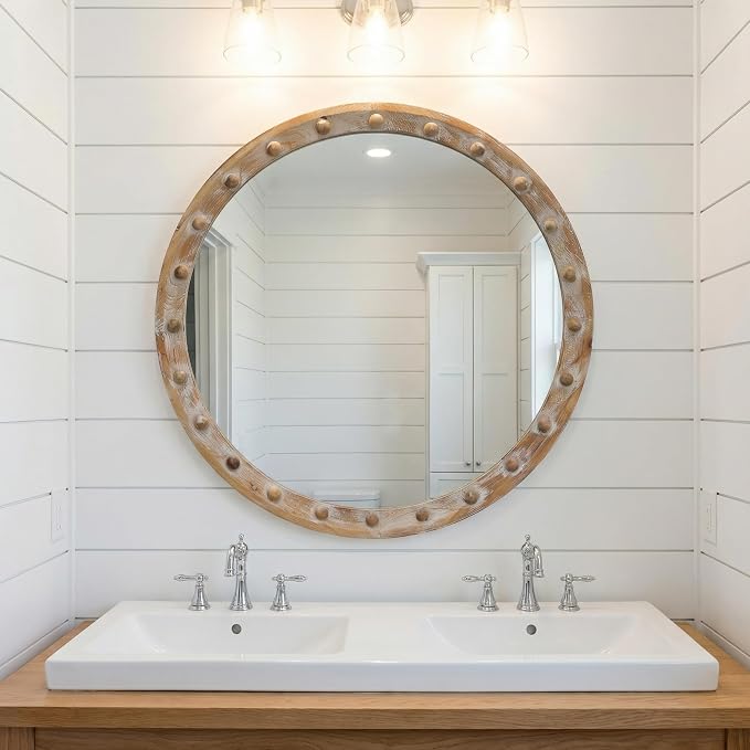 23.62'' Vintage Rustic Round Wall Mirror with Rivet Detail Frame & Pre-Installed Hanging, Decorative Mirror with Large Reflective Surface for Bathroom Bedroom Living Room, Natural