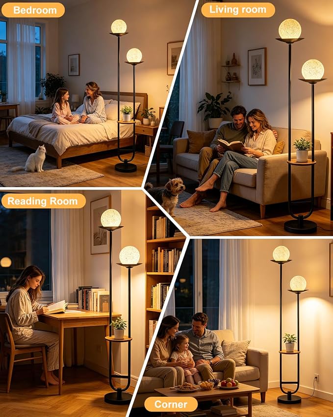 Lightdot 63IN Black Floor Lamp with U Pole, 2 Globe Mid Century Standing Lamps Dimmable with 3000K Warm White LED Bulbs& Grey Shade, Unique Vintage Tall Floor Lamp for Living Room/Wedding/Party