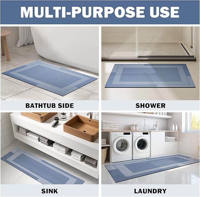 Non Slip Bath Mat, Rubber Backing Ultra Thin Bathroom Rugs Fit Under Door Quick Dry Super Absorbent Washable Bath Rug Shower Mat for Bathroom Floor Bathtub Shower Sink, Easy Care Blue 20"x 32"