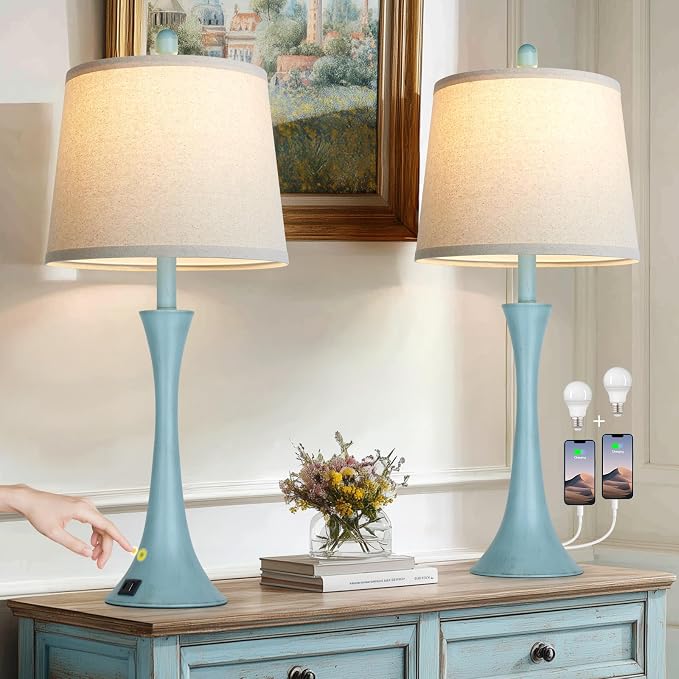 Rinweey Blue Metal Table Lamp Set of 2 with USB C+A Ports, Bedside Lamp, Modern Bedroom Lamps, Coastal Lamp for Night Stands Bedroom Living Room,Nightstand Lamp LED Bulbs Included