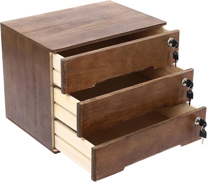 Desktop File Organizer with Lock, 2/3/4 Tier Multi-Drawer Wooden Storage Cabinet, Office Supply Organizer for Home Desk, Study & Workplace (Walnut, 3 Layers)