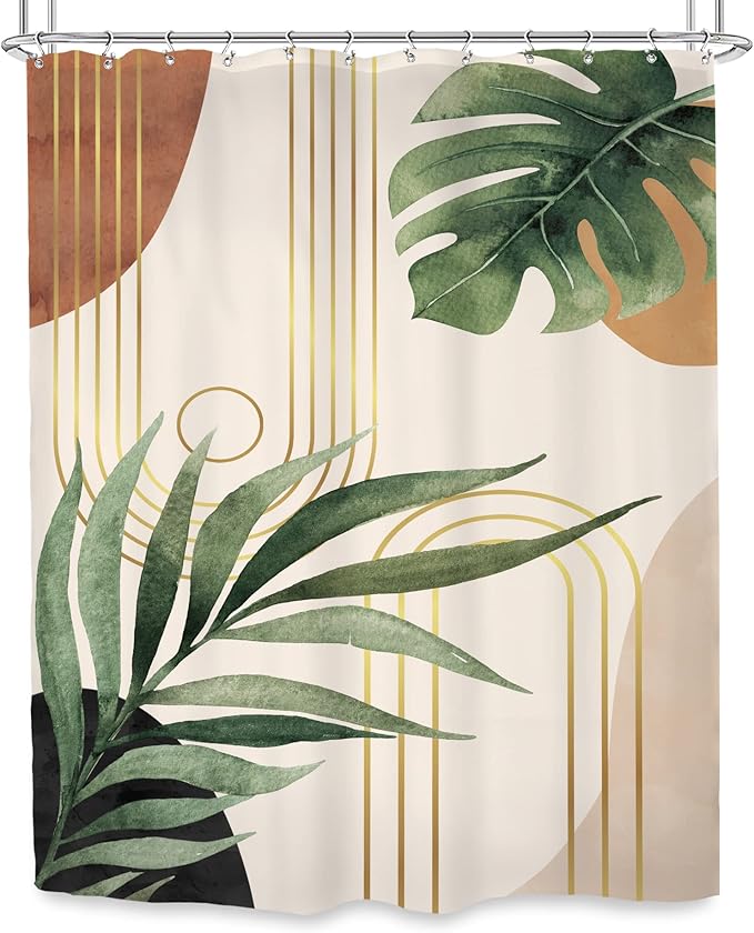 Glawry Standing Mid Century Shower Curtain 54Wx78L Inches Stall Narrow Cute Boho Tropical Boho Palm Leaf Abstract Botanical Plant Green Minimalist Bath Accessories Art Home Decor Fabric 12 Pack Hooks