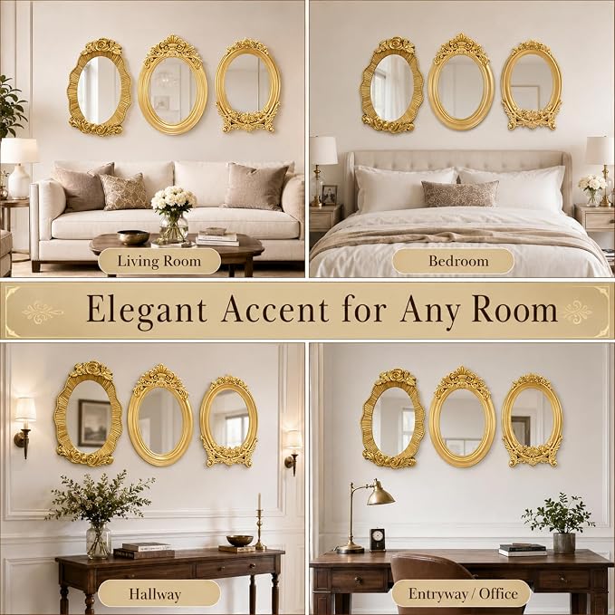 Mifoci Vintage French Wall Mirror Set of 3 Antique Decorative Gallery Wall Mirror Gold Hanging Antique Art Decor Ornate Baroque Style for Living Room Bedroom Home Decor (Oval)