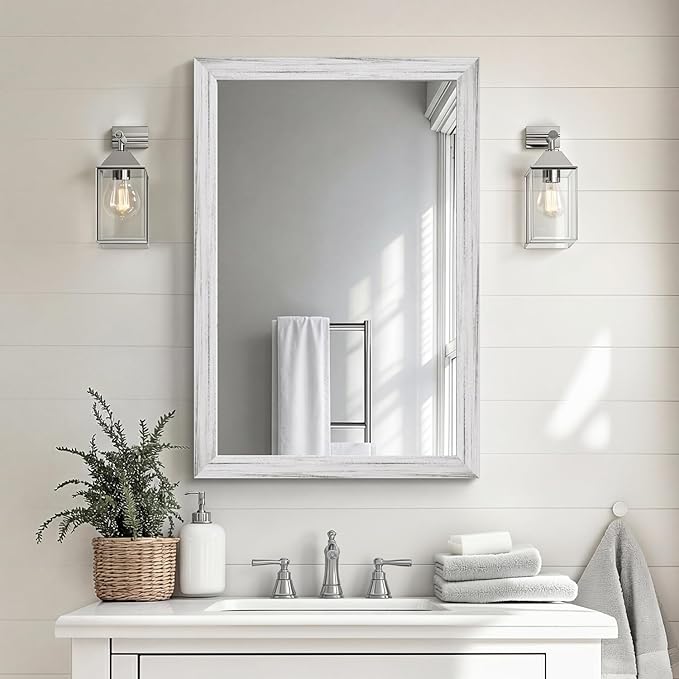 White Wood Effect Framed Wall Mirror, 20x30 Rectangle Mirror, 1/8" Anti-desilvering Tempered Glass, Sustainable& Sturdy Frame, Anti-Rust, HD Reflection &3min Fast Setup for Bathroom Living Room