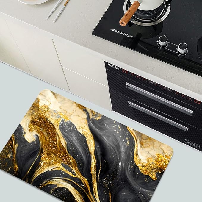 Diatomaceous Earth Bath Mat,Black Grey Gold Marble Texture Non-Slip Volume Super Absorbent Fast Drying for Bathroom Kitchen Door mat,Eco-Friendly Easy to Clean 16×24Inch (40 * 60cm)